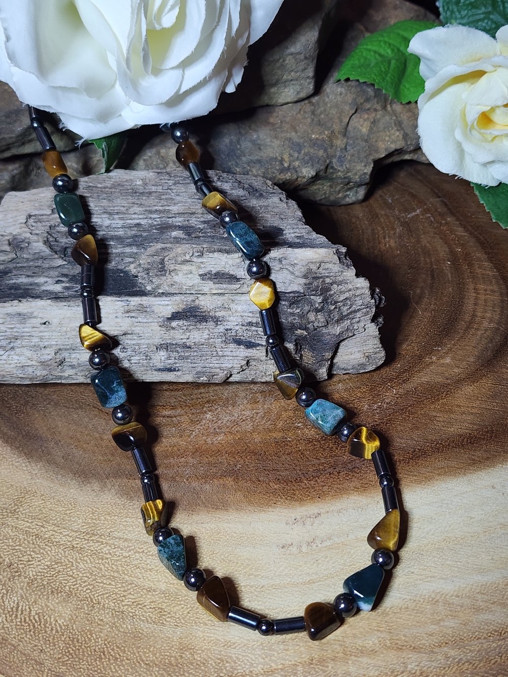 Unisex Necklace With Tiger Eye Beads, Hematite And Green Gemstones